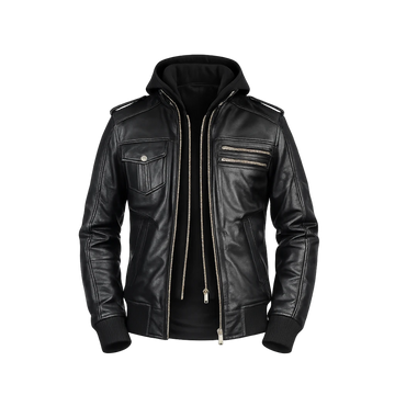 Bravado Black Hooded Leather Bomber Jacket