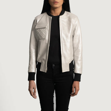 Lana Women's Silver Metallic Leather Bomber Jacket