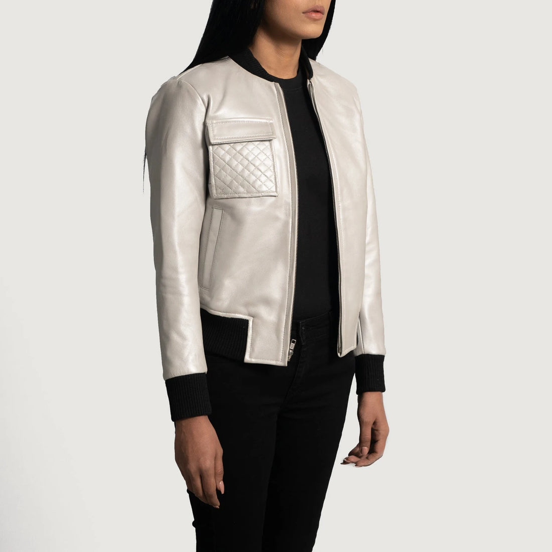 Lana Women's Silver Metallic Leather Bomber Jacket
