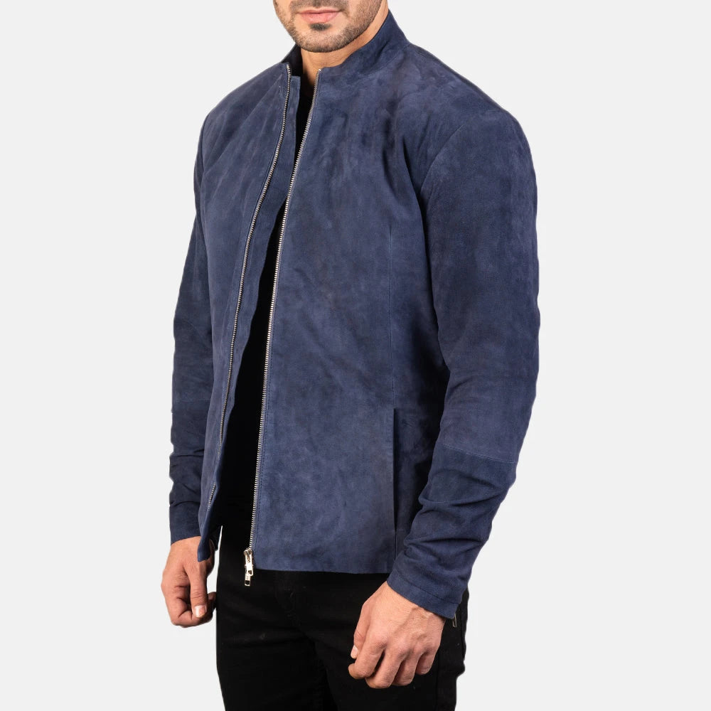 Charcoal Navy Blue Women's Suede Biker Jacket – Premium Genuine Goat Suede Asymmetric Moto Jacket