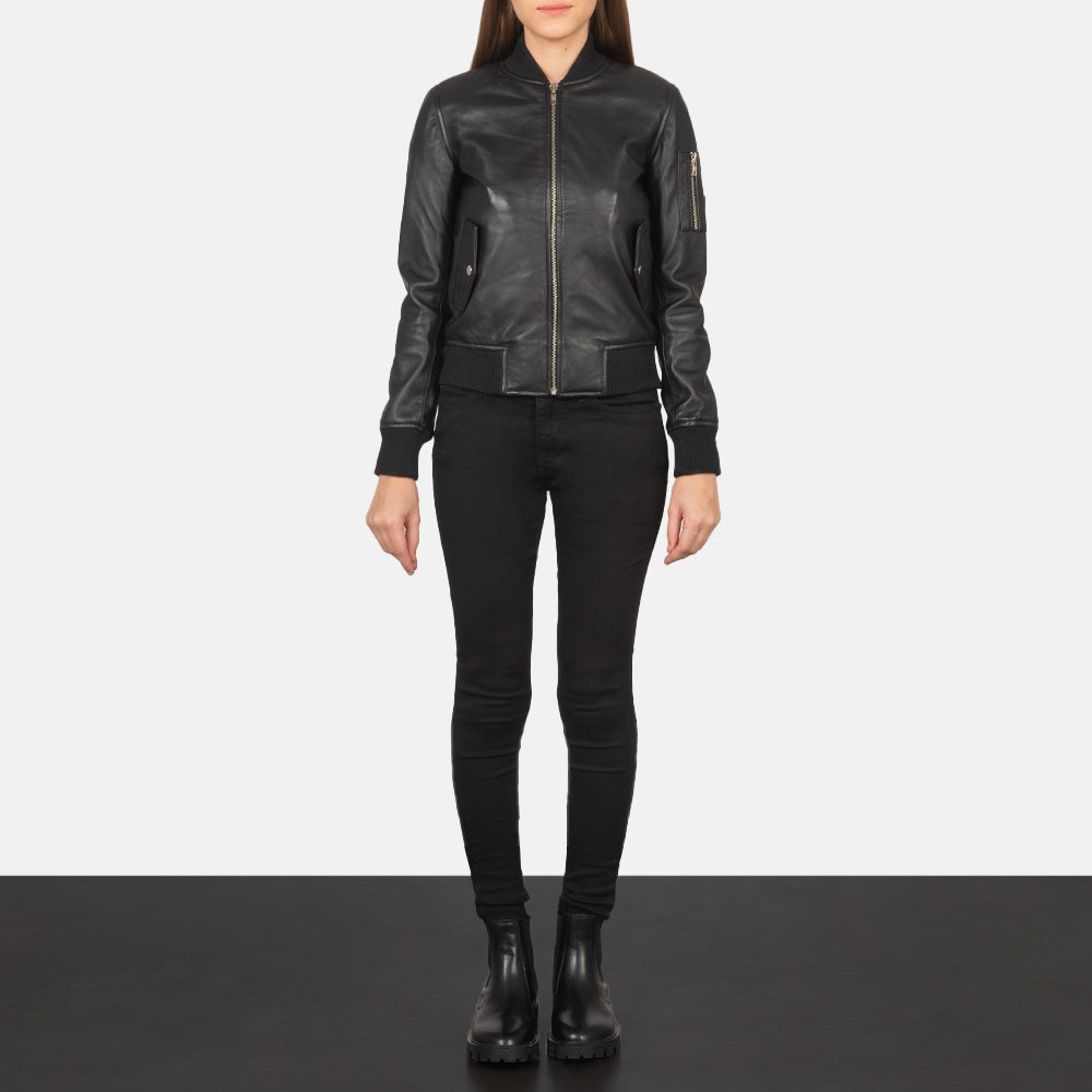 Ava MA-1 Women's Black Genuine Leather Bomber Jacket – Classic Slim Fit Military Style