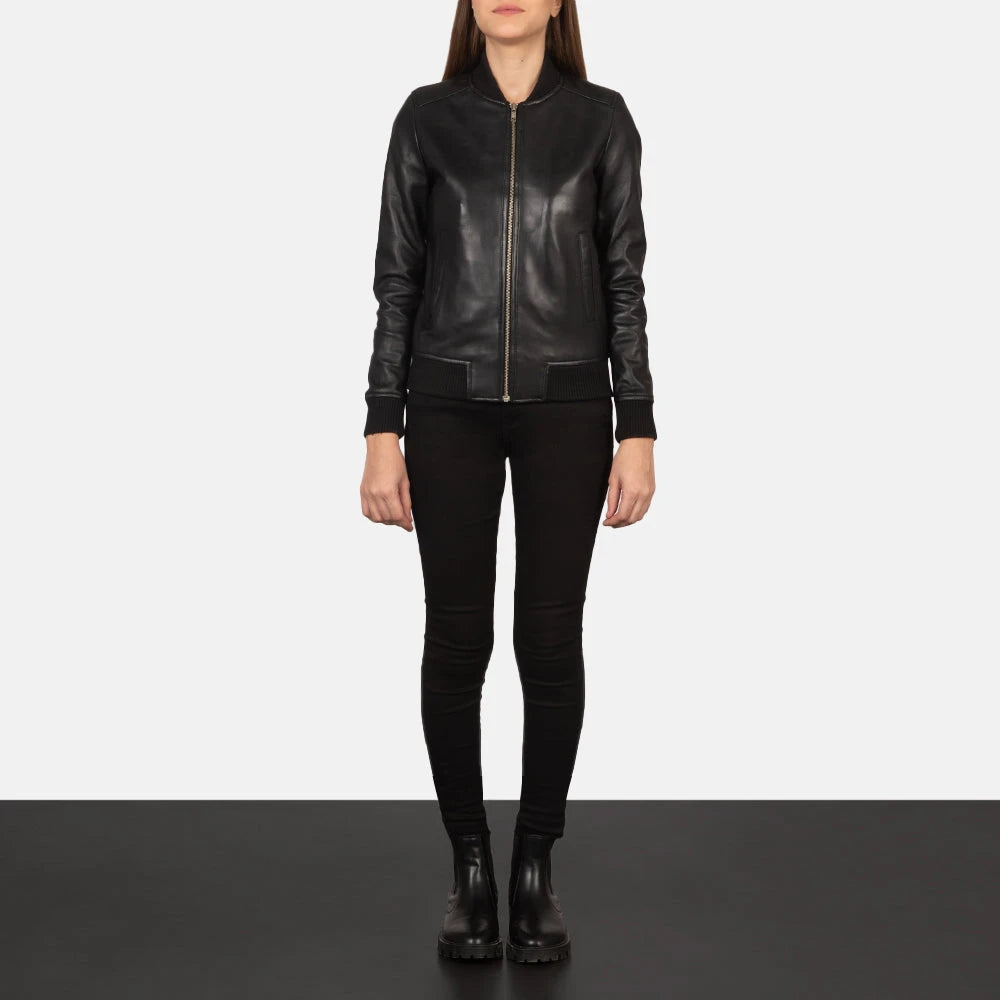 Bliss Women's Black Leather Bomber Jacket – Premium Genuine Lambskin Minimalist Flight Jacket