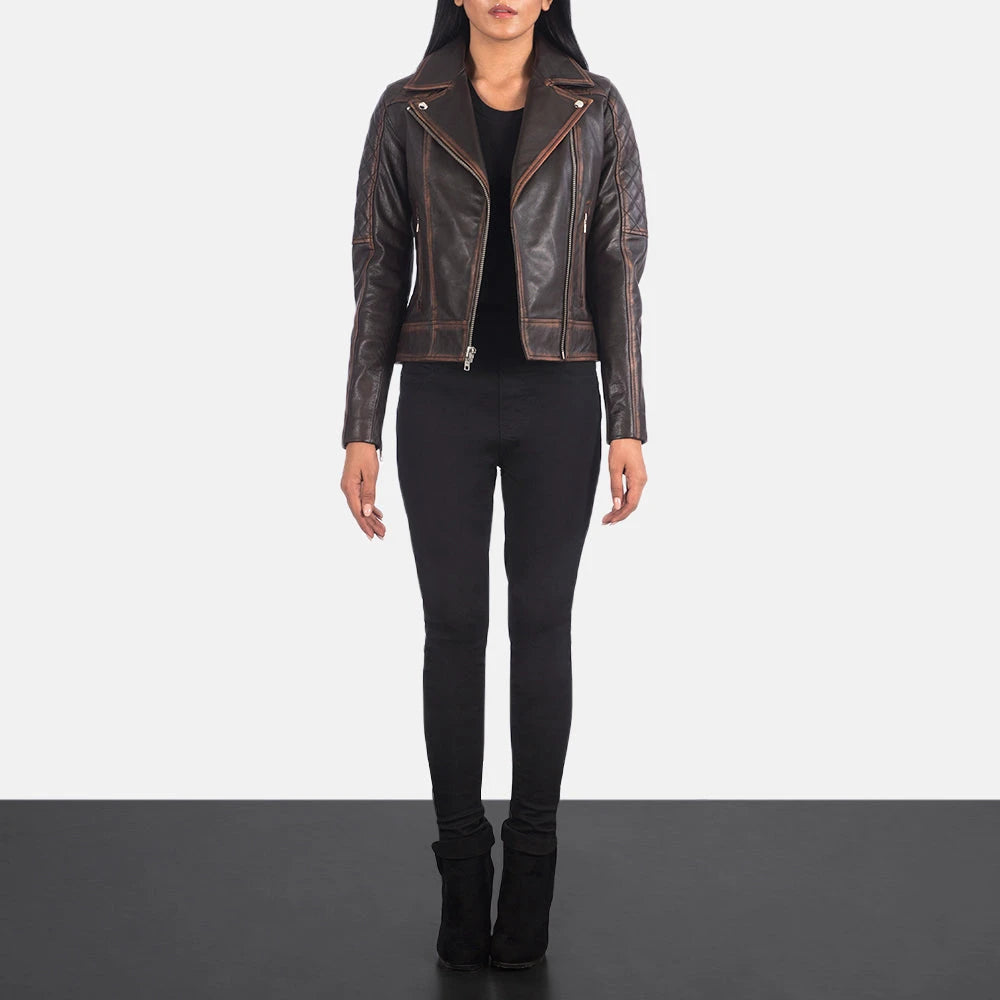 Carolyn Women's Vintage Brown Quilted Leather Biker Jacket