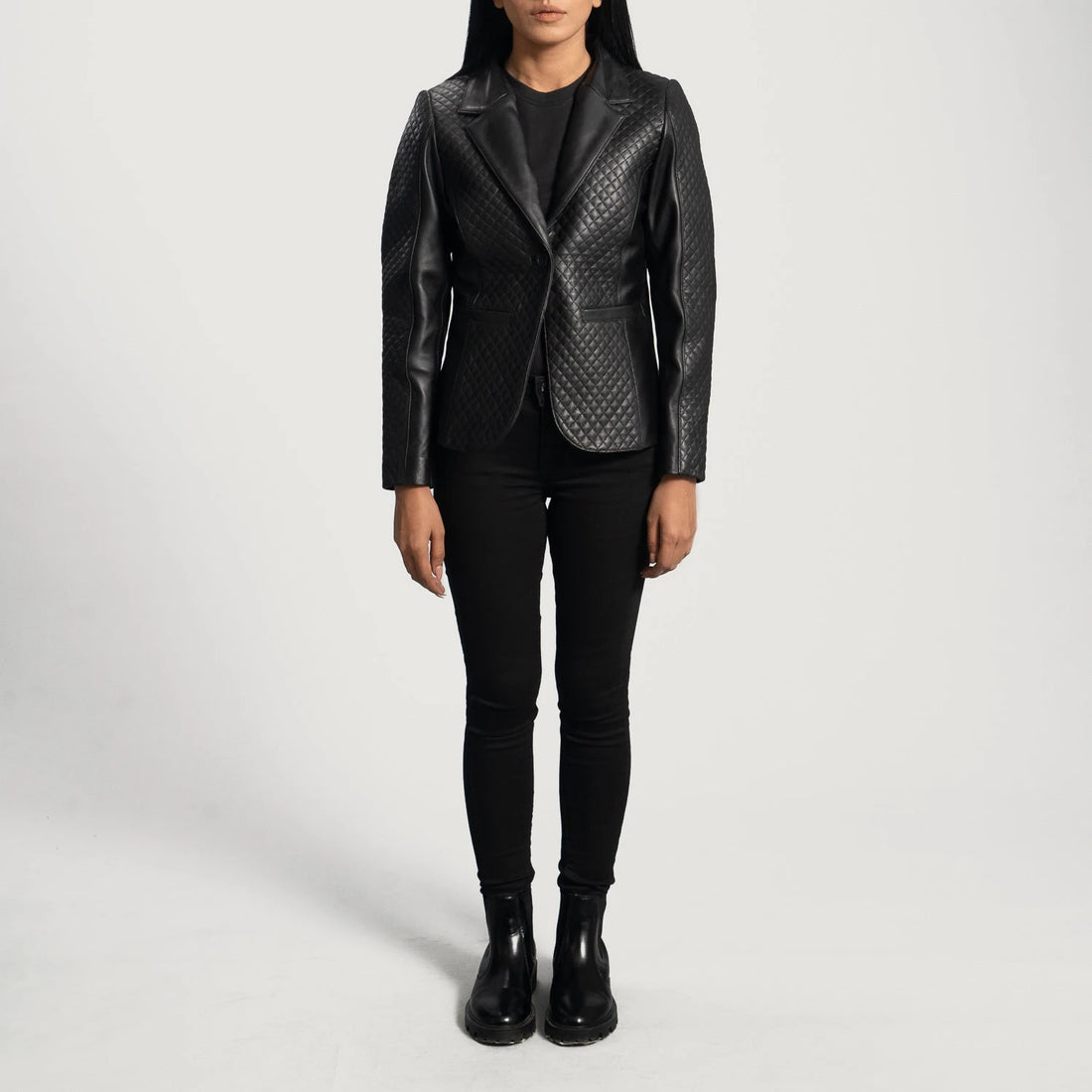 Cora Women's Quilted Black Leather Blazer – Premium Genuine Lambskin Tailored Moto-Style Suit Jacket