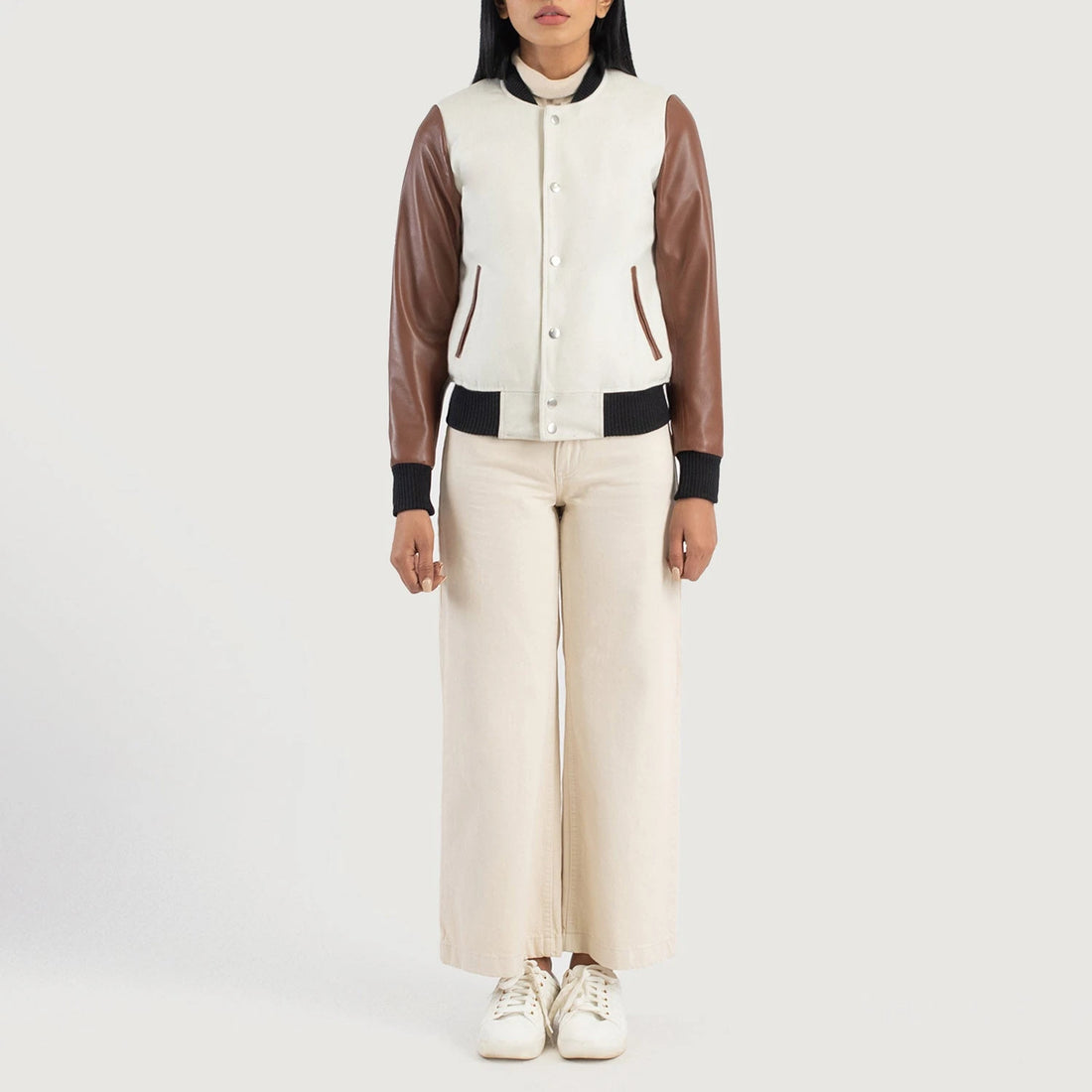 Savant Women's White & Brown Hybrid Varsity Jacket