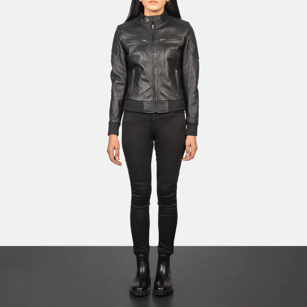 Zenna Women's Black Leather Bomber Jacket – Premium Genuine Lambskin Leather Minimalist Flight Jacket