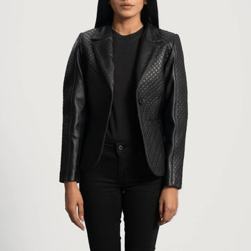 Cora Women's Quilted Black Leather Blazer – Premium Genuine Lambskin Tailored Moto-Style Suit Jacket