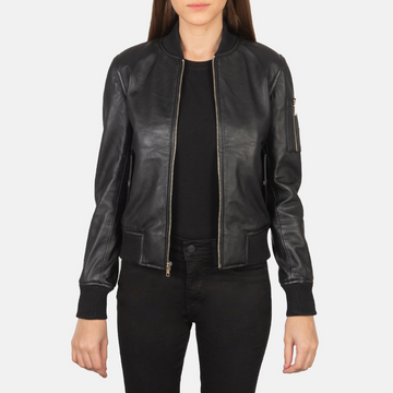 Ava MA-1 Women's Black Genuine Leather Bomber Jacket – Classic Slim Fit Military Style