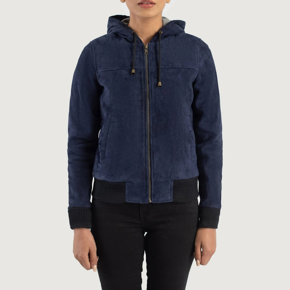 Rebella Women's Blue Hooded Suede Bomber Jacket – Premium Genuine Goat Suede with Detachable Fleece Hood