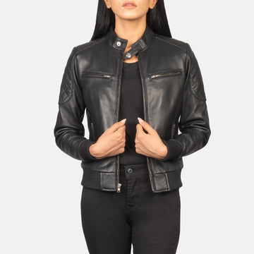 Zenna Women's Black Leather Bomber Jacket – Premium Genuine Lambskin Leather Minimalist Flight Jacket